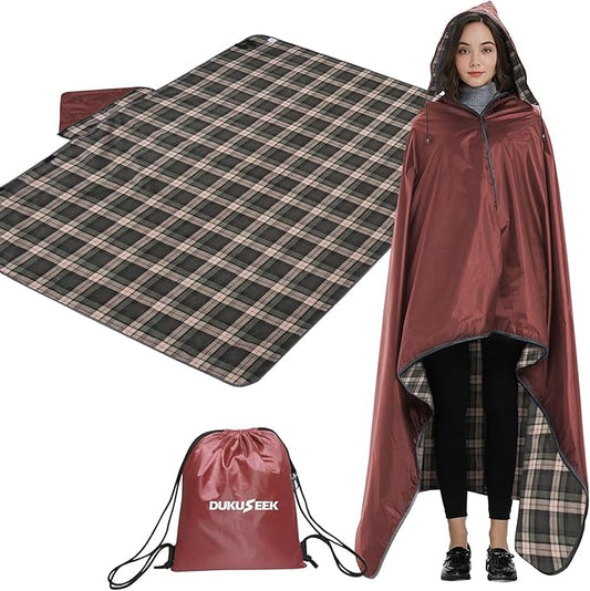 DUKUSEEK Stadium Blanket for All Weather, Waterproof Outdoor Blankets with Hood, Soft Warm Fleece Camping Blanket Windproof for Outdoor Sports, 79"x 59"