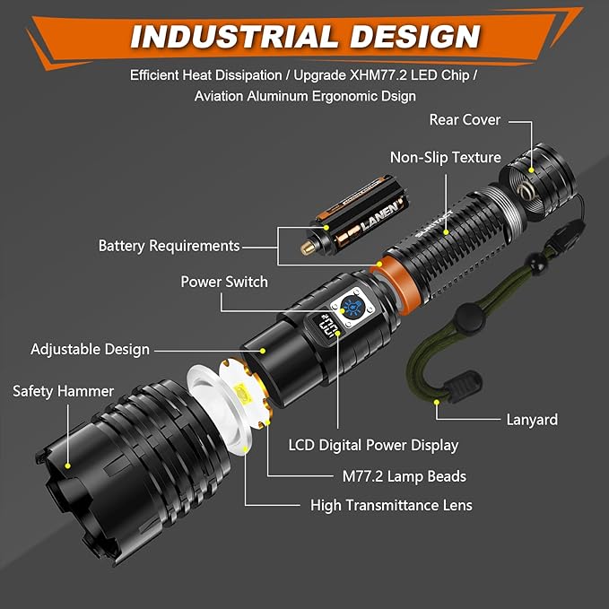 Flashlights High Lumens Rechargeable, 980000 Lumens XHM77.2 LED Flashlight Super Bright Flash Light Battery Powered, Powerful Flashlights Handheld Linternas for Emergencies Camping