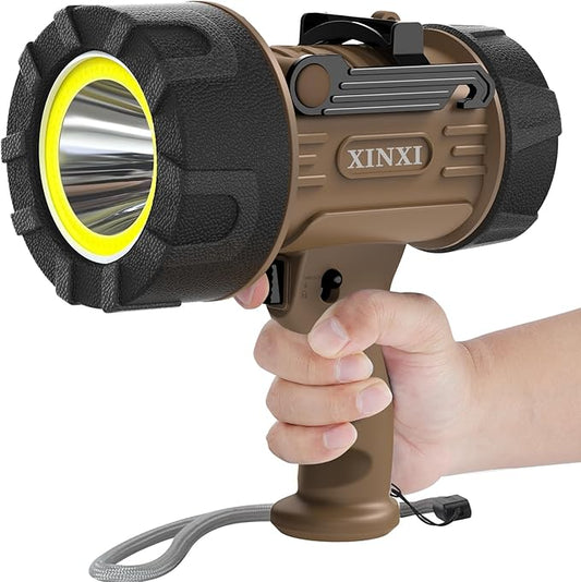 XINXI 1000,000 Lumens Rechargeable Spotlight with COB Floodlight, 6 Light Modes and USB Charger for Hiking, Boating, Hunting, IP67 Waterproof Handheld Flashlight with red Filter(Brown)