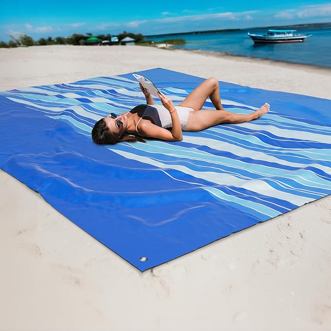Mooreeke Beach Blanket Extra Large Oversized 9 x 8 ft, Blue Waves Sandproof Waterproof Quick Drying Lightweight Compact Outdoor Blanket Beach Mat for Family Travel Camping Picnic, 1-8 Adults