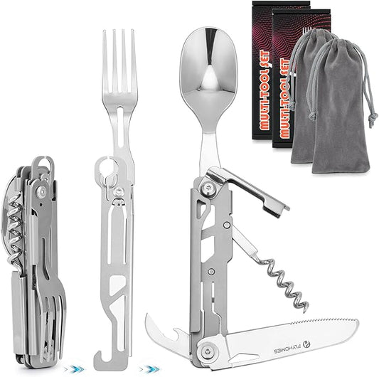 FLYHOMES 6 in 1 Camping Utensils Set Camping Fork Spoon Knife Combo Detachable Camping Flatware Set Portable Utensils for Outdoor Camping Hiking (2 PCS)…