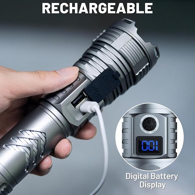 Rechargeable 900,000 High Lumens Flashlights, Super Bright LED Flash Light as Powerbank with 5 Light Modes & IPX6 Waterproof, 5000mAh,12 Hours Long Life for Home, Camping, Outdoor