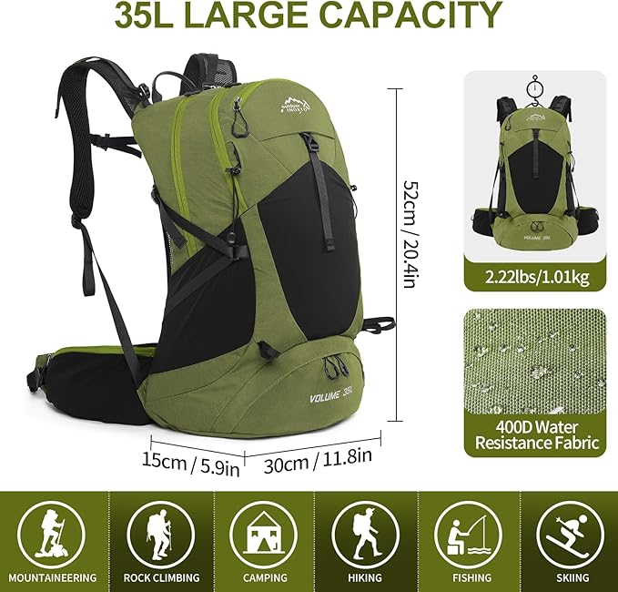 Hiking Backpack,35L Waterproof Hiking Daypack with 3L Water Bladder and Rain Cover, Lightweight Travel Camping Backpack for Men Women (Dark Green)