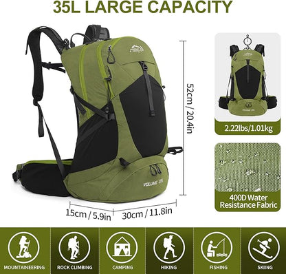 Hiking Backpack,35L Waterproof Hiking Daypack with 3L Water Bladder and Rain Cover, Lightweight Travel Camping Backpack for Men Women (Dark Green)