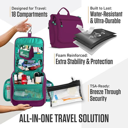 VENTURE 4TH Hanging Travel Toiletry Bag for Women & Men - Travel Organizer with Expandable Compartments & Removable Clear Pouch for Toiletries (Purple/Mint)