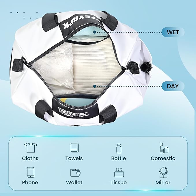 Lightweight Gym Bag for Women Man,Water Resistant Duffle Bag for Travel with Wet Pocket,Wear-resistant Weekender Overnight Duffel Bag,Travel Bag Easy to Clean Tote bag for women(White)
