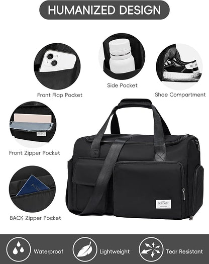 Small Duffle Bag for Men Women with Shoes Compartment Sports Gym Bags for Men Women Dry Wet Separated Pocket Travel Overnight Weekender Yoga Handbag Bag- Black