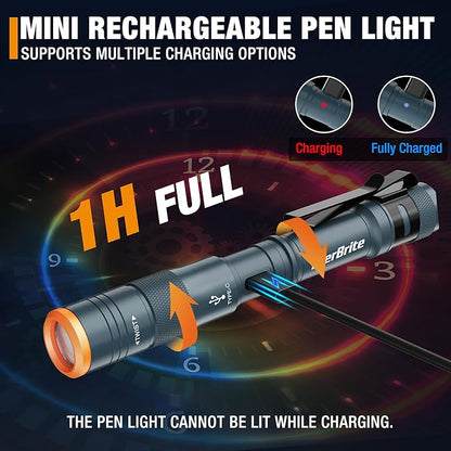 EverBrite Mini Pen Light, Rechargeable Pocket Pen Flashlight with USB C Cable, 4 Light Modes, 300 Lumens Small Flashlight with Clip for Inspection, Repair, Outdoors, Emergency, Blue