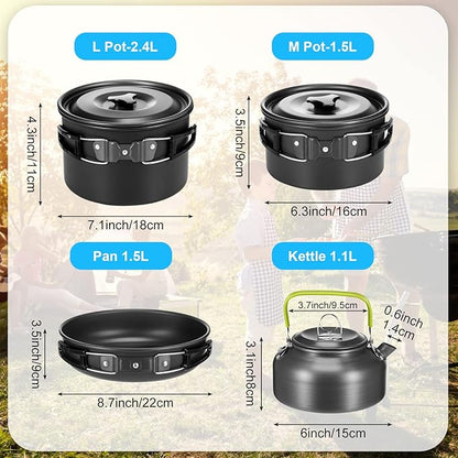 Gejoy 42 Pcs Camping Cookware Mess Kit, Non Stick Lightweight Pots Pan Kettle, Collapsible Water Container and Bucket, Stainless Steel Cups Plates Forks Knives Spoons for Outdoor Backpacking Picnic