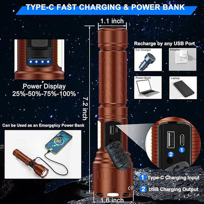 Rechargeable Magnetic Flashlights 100,000 High Lumens, Super Bright LED Powerful Flashlight 8 Modes with COB Work Light, Waterproof Handheld Flash Light for Camping (2 Pack with Paper Box, Brown)
