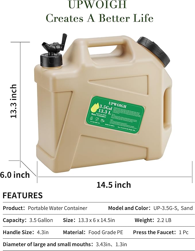 3.5 Gallon Water Jug, Overlanding Gear Water Containers Spigot, Camping Essential Truly Leak-Proof Press Faucet Warm Sand Water Storage,BPA Free Portable Emergency Water Tank for Outdoors Hiking RV