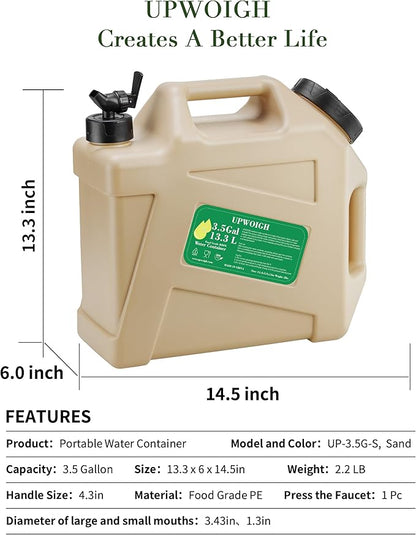 3.5 Gallon Water Jug, Overlanding Gear Water Containers Spigot, Camping Essential Truly Leak-Proof Press Faucet Warm Sand Water Storage,BPA Free Portable Emergency Water Tank for Outdoors Hiking RV