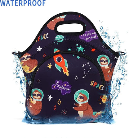 Violet Mist Neoprene Lunch Bag Insulated Lunch Bag Tote Cute Large Thermal Lunchbags with Pocket Detachable Adjustable Shoulder Strap Lunchbox Food Handbags Gifts for Women Men Adult, Space Sloth