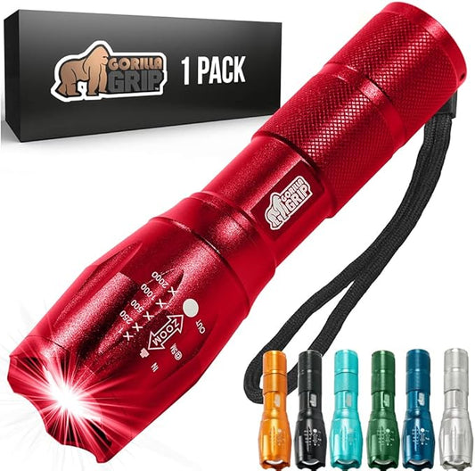 Gorilla Grip Powerful LED 750 FT Water Resistant 5 Adjustable Mode Tactical Flashlight, High Lumens Ultra Bright Battery Life Zoom Flashlights, Small Camping Car Mini Flash Light Accessories, Red