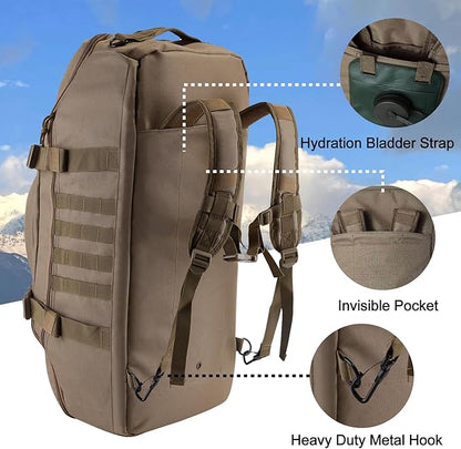 Travel Gym Duffle Bag Tactical, Gear Backpack for Men Women, Large Duffle Hand Bag for Travel, 3 in 1 Shoulder Backpack for Sports Hiking Camping, Water Resistant & Easy Clean (Khaki, 65L)