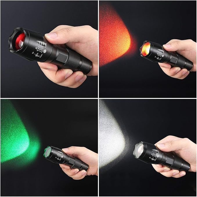 ULTRAFIRE A100 Tactical Flashlight, 800 Lumens 5 Modes LED Zoomable Hunting Flashlight Torch with Duty Belt Flashlight Holster, Red/Green/White Exchange Glass