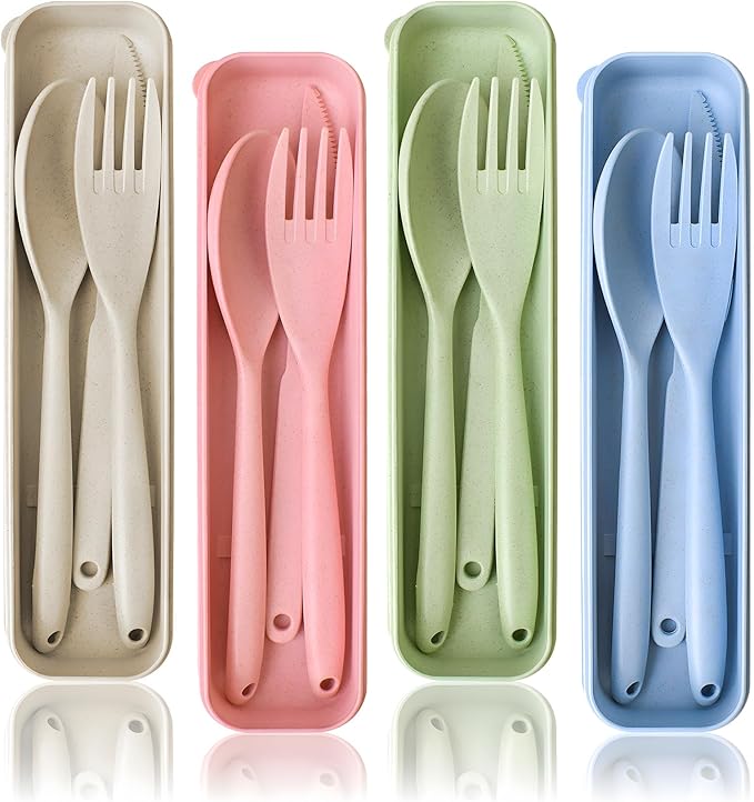 Lnrkai Large Camping Utensil Set, 4 Sets Reusable Utensils Set with Case, Plastic Cutlery Set Travel Silverware Set with Case for Travel Picnic Camping or Daily Use
