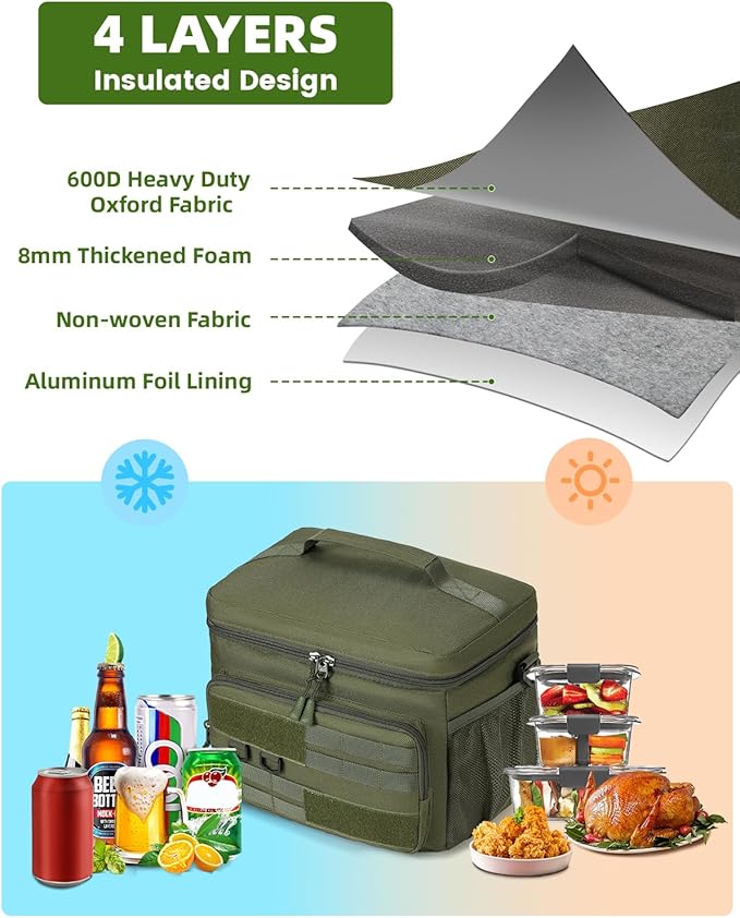 Tactical Lunch Box, RalChyez 13L Large Insulated Lunch Bag MOLLE Webbing Leakproof Thermal Cooler with Shoulder Strap Lunch Pail for Adult Men Women Office Work Camping Picnic Travel Green