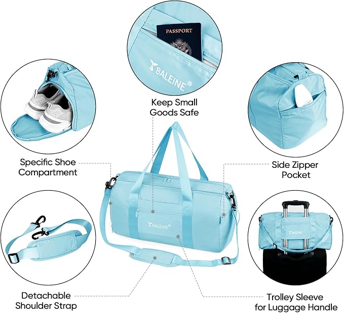 BALEINE Gym Bag for Women and Men, Duffel Bag for Sports, Gyms and Weekend Getaway, Waterproof Dufflebag with Shoe and Wet Clothes Compartments, Lightweight Carryon Gymbag (Azure)