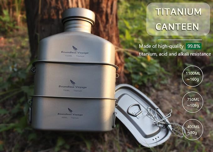 Boundless Voyage Titanium Military Canteen with Camouflage Bags Large Capacity Kidney Shape with Lid and Hanging Chain