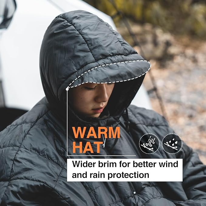 OneTigris Camping Blanket Honcho Poncho with 3M Thinsulate Insulation,Wearable Sleeping Bag Poncho for Camping Large Ultralight Water-Resisitant Warm Wearable Blanket for Outdoor Camping,Hiking