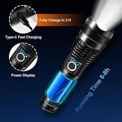 Rechargeable Flashlights, High Lumen Super Bright 150000 Lumens, LED Flashlight with 5 Modes, IP55 Waterproof, Powerful Handheld Flashlight for Camping, Hiking, Emergency