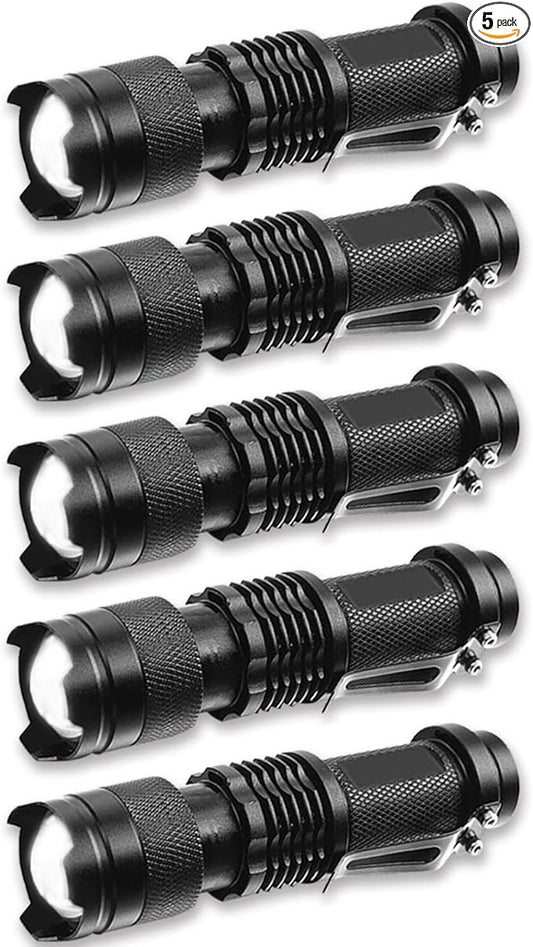 Tactical Flashlights, Bright Zoomable LED Mini Flashlights with High Lumens and 3 Modes, Waterproof Portable Pocket Flash Light for Emergency, Camping, and Outdoor Use (5 Pack)