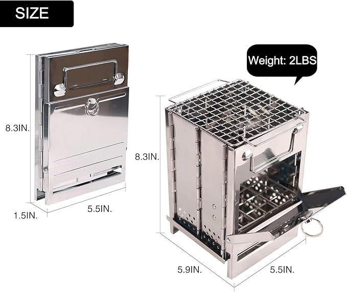 Portable Camping Stove Mini Wood Burning Stove Rocket Stove Folding Stainless Steel Camp Stove Compact Lightweight Backpacking Stove for Tent Outdoor Hiking Cooking BBQ