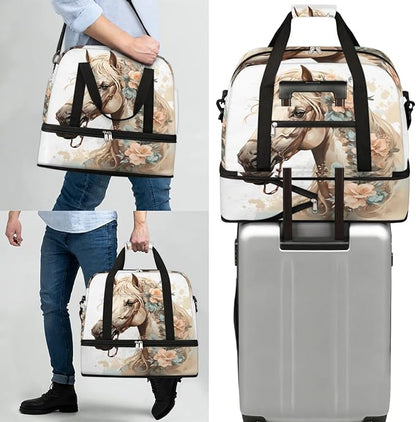 Foldable Travel Duffel Bag, Expandable Weekender Overnight Carry on Bags with Shoe Compartment Sport Tote Gym Luggage for Women Men, Horse