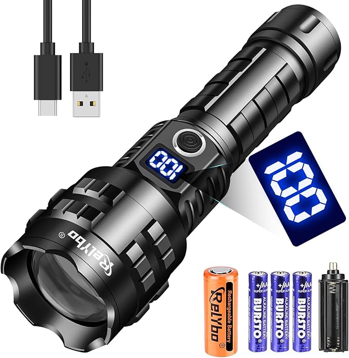 Rechargeable LED Flashlights High Lumens, 900,000 Lumens Tactical Flashlights, Super Bright High Powered Flash Light 5 Modes & 12H Long Runtime for Emergencies, Camping, Dog Walking