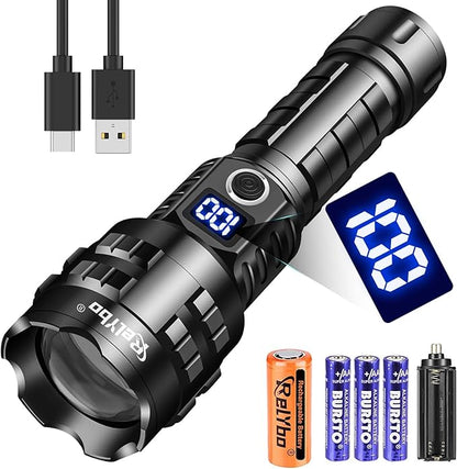 Rechargeable LED Flashlights High Lumens, 900,000 Lumens Tactical Flashlights, Super Bright High Powered Flash Light 5 Modes & 12H Long Runtime for Emergencies, Camping, Dog Walking