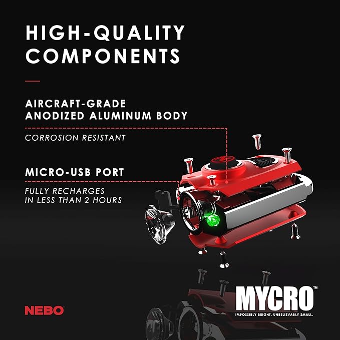 NEBO MYCRO USB Rechargeable LED Keychain Light, Tactical Keyring Flashlight Features 6 Light Modes High Lumens –Red