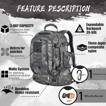 Expandable 40-64L Military Tactical Backpack 3 Day Bag Hiking Gym Sport Camping