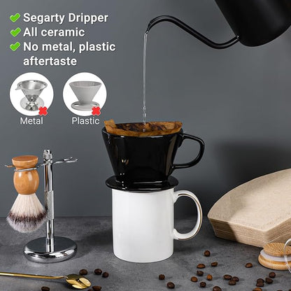 Segarty Pour Over Coffee Dripper Set, Single Cup Black Ceramic Coffee Maker with 200PCS Size #2 Cone Coffee Filter Paper, Slow Brewed Drip Pourover Coffee Brewer for Home Office Travel Camping