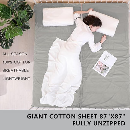 100% Cotton Sleeping Bag Liner with Full Length Zipper on 3 Sides; Single/Double Adult Sleep Sack for Travel & Camping, Multifunctional Travel Sheets (Unzipped 87”x87”) for Hotel, Lightweight