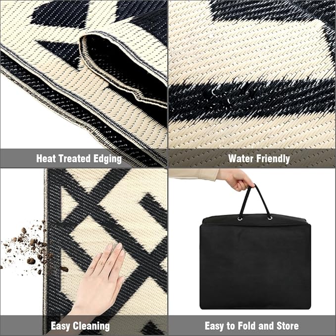 LILIOFFIC Outdoor Rugs - Reversible Mats, 9'x12' Plastic Straw Rug for Patio Clearance Waterproof, Indoor Outdoor Area Rug Carpet for Outside, RV, Deck, Picnic, Beach, Trailer, Camping, Black & Beige