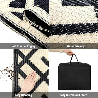 LILIOFFIC Outdoor Rugs - Reversible Mats, 9'x12' Plastic Straw Rug for Patio Clearance Waterproof, Indoor Outdoor Area Rug Carpet for Outside, RV, Deck, Picnic, Beach, Trailer, Camping, Black & Beige