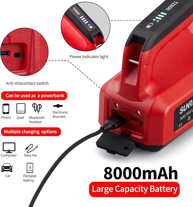 SUNREI Rechargeable LED Flashlight, 8 Light Modes Camping Lantern, 8000mAh Power Bank, Type-c, IPx6 Waterproof for Emergencies Power Outages, Hurricane Emergency, Hiking, Home, etc