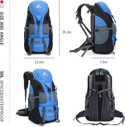 Bseash 50L Hiking Backpack, Water Resistant Lightweight Outdoor Sport Daypack Travel Bag for Camping Climbing Touring (Light Blue - No Shoe Compartment)