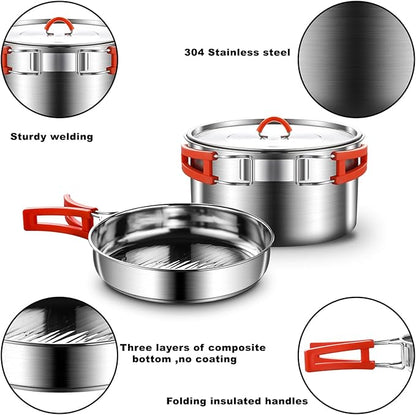 Camping Cookware Set,Camping Cooking Set,304 Stainless Steel Camping Pots and Pans Set,Camping Gear for Hiking Outdoor Cooking Picnics for 2-4 People