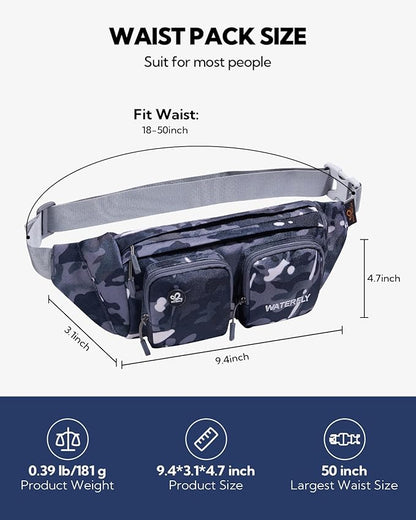 WATERFLY Fanny Pack Waist Bag: Travel Hip Pouch Bum Bag Plus Size Crossbody Fannie Pack Adjustable Belt Waistpack Phanny Fannypack for Man Woman Hiking Walking Jogging