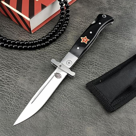 Finka-NKVD KGB Folding Pocket Knife,3.66" Mirror Polished 440C Blade and ABS Handle,Nylon Sheath,Assisted Opening Flipper Knife with Lockback, EDC for Camping Hunting Survival (BLACK)