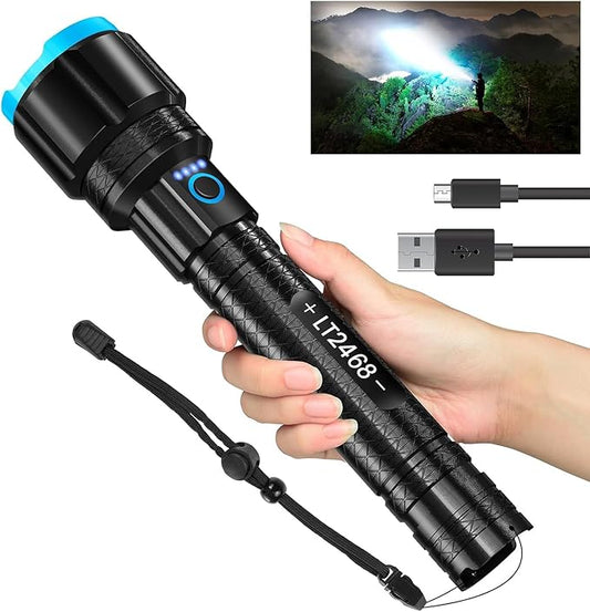 Rechargeable LED Flashlight High Lumen, Powerful 900000 Lumens Super Bright Flashlights, Zoomable Long Handheld Tactical Flash Light for Camping Hiking Emergency Power Bank