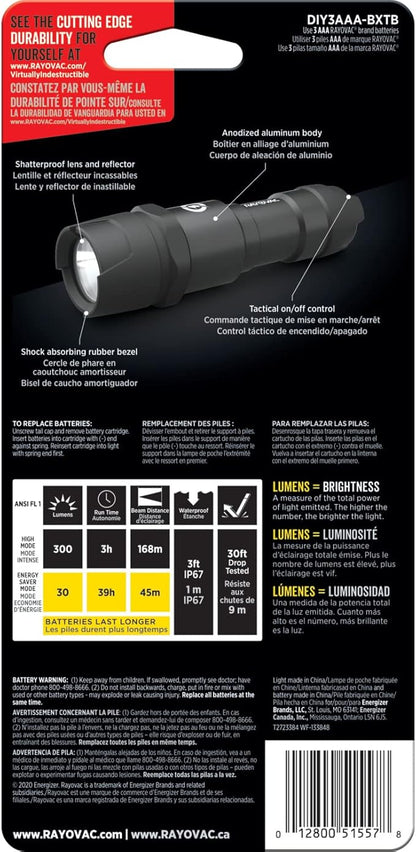 Rayovac - DIY3AAA-BE Virtually Indestructible LED Flashlight, 300 Lumen Waterproof Tactical Flashlight - Super Bright High Mode LED Flashlights for Camping, Hiking, Dog walking Black