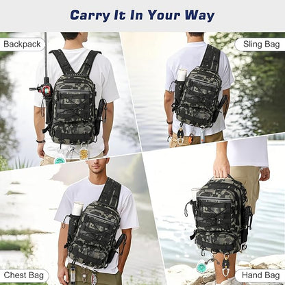 MoKo Fishing Backpack Sling Bag with Rod & Gear Holder, Nylon Waterproof Fishing Tackle Storage Bag for Fishing