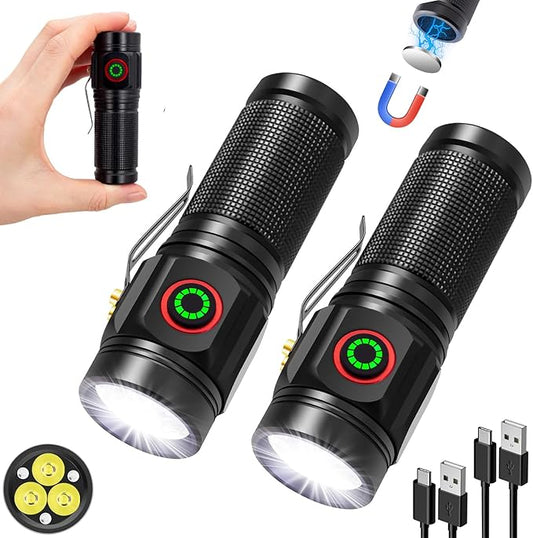 3000 Lumens Small Flashlight Powerful 5 Modes Rechargeable Mini Pocket Flashlights High Lumens with Clip USB Compact Magnetic EDC Flashlight for Emergency, Camping, 2 Pack