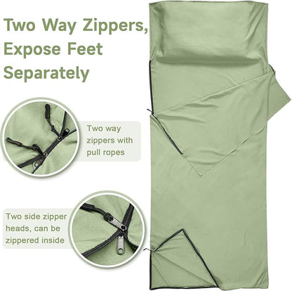 Sleeping Bag Liner, Sleep Sack Travel Sheets, Two-Way-Zipper Expose Feet Separately, Portable Single Camping Sheet for Hotel,Hostels,Business Trips