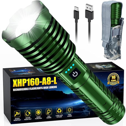 Super Bright Rechargeable LED Flashlights,True 2500000 High Lumens, Powerful Tactical Flashlight Up to 25H Long Battery Life |Zoomable|5Light Modes|IP67 Water Resistant for Camping (Green)