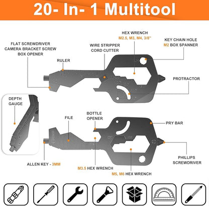 20 In 1 Multitool Pocket Tool, Gift for Boyfriend Him Husband Men, EDC Gadgets with Bottle Opener, Screwdriver, Hex Wrench - Unique Mini Utility Key Shaped Pocket Tool, Black, 1 Pack
