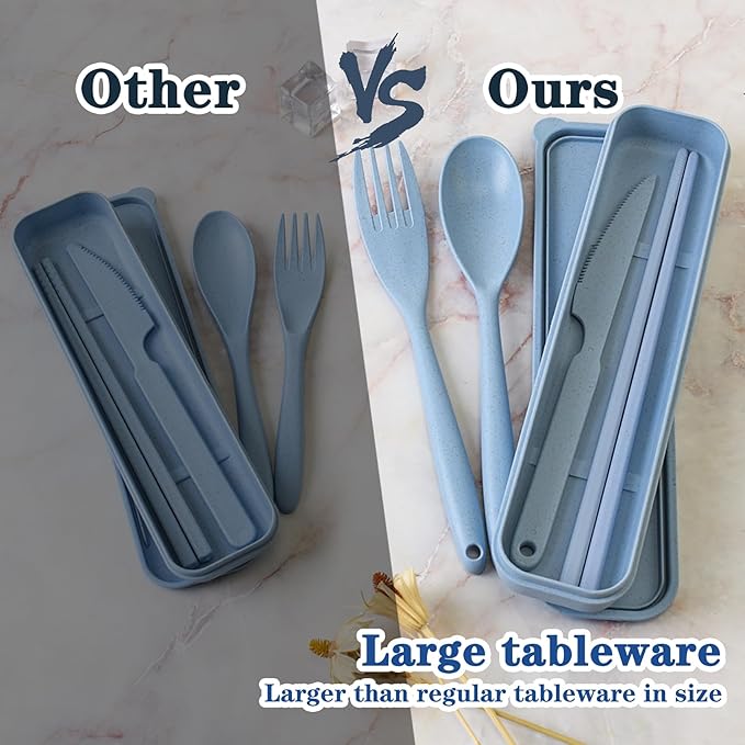 Large Reusable Utensils Set with Case, 4 Sets Travel Utensil with Chopsticks, Portable Plastic Cutlery Set Fork Spoons Knife Set for Adult Lunch Accessories, Camping Flatware